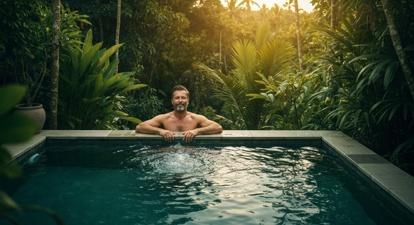 Smiling man in a tropical pool,